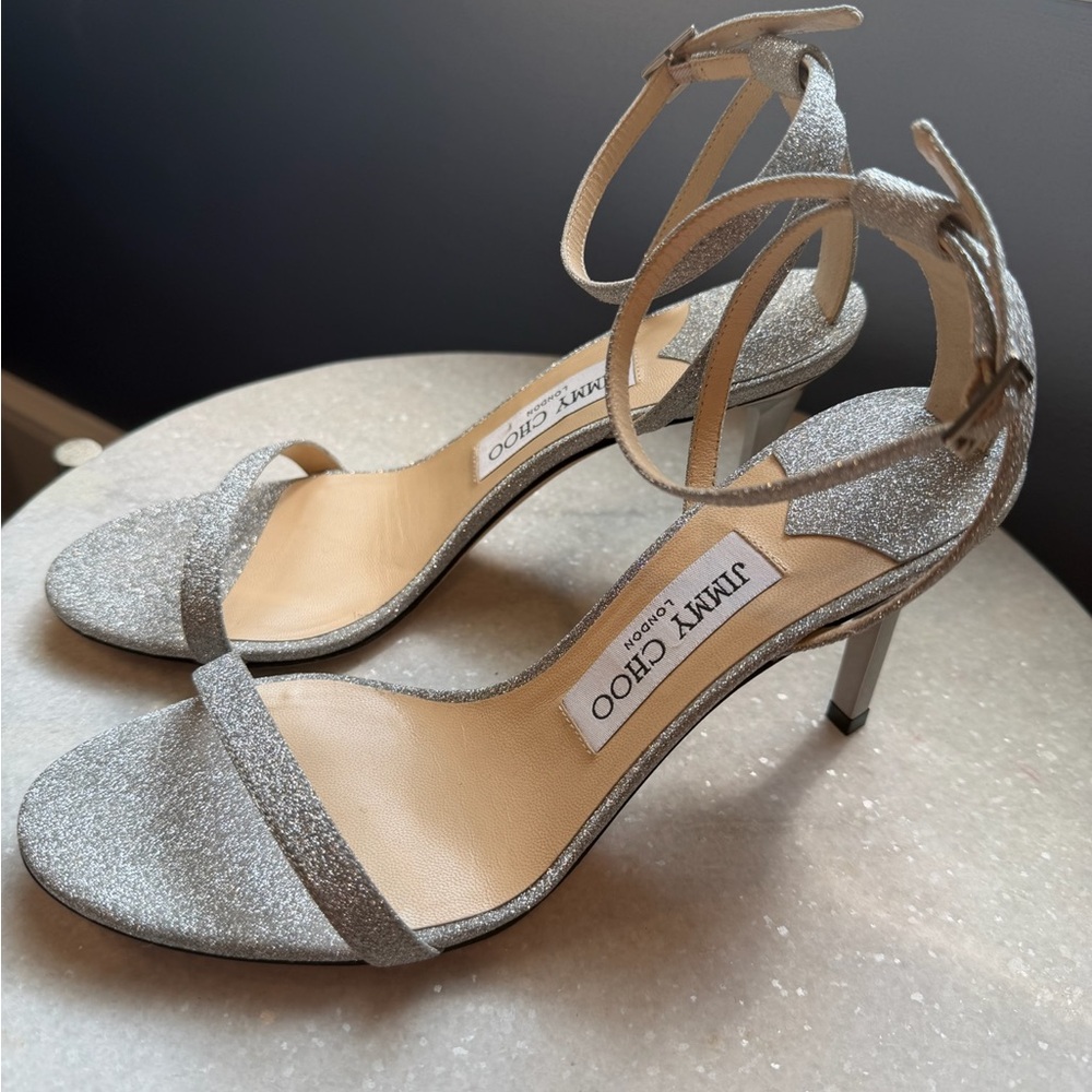 Jimmy Choo Silver Glitter Ankle-Strap Heels